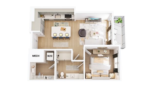 Modern 3D floor plan showcasing 1 bedroom, open kitchen with island, cozy living area, and private balcony, complete with in-unit laundry.