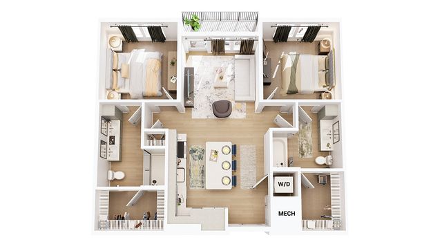 Modern 3D floor plan showcasing 2 bedrooms, a cozy living room, and an elegant kitchen, perfect for contemporary living.