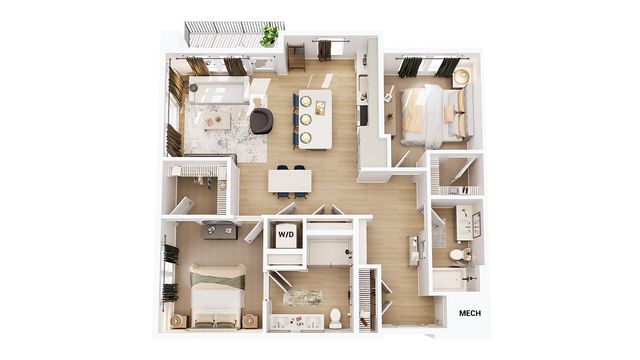 Modern open-concept floor plan featuring two bedrooms, a spacious living room, and a stylish kitchen with dining area. Includes a balcony, two bathrooms, and convenient in-unit laundry space.
