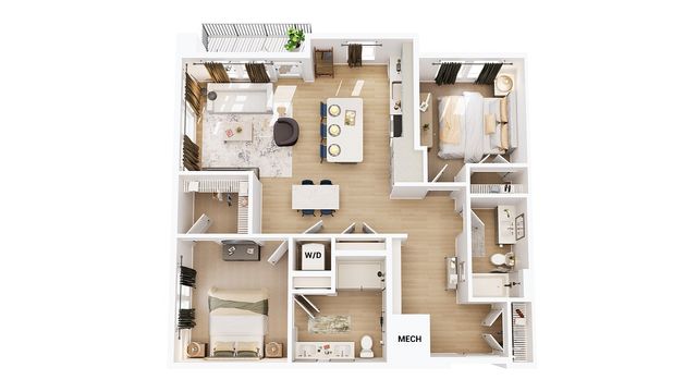 Elegant 3D floor plan showcasing 2 spacious bedrooms, modern kitchen, cozy living area, and convenient dual bathrooms, ideal for contemporary living.