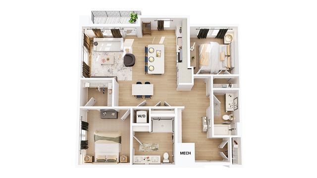 Contemporary 3D floor plan showcasing 2 bedrooms, a spacious living room, open-concept kitchen, and modern dining area.