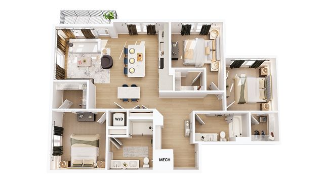 Elegant 3D floor plan showcasing a spacious apartment with three bedrooms, a modern kitchen, and an open living-dining area, perfect for comfortable living.