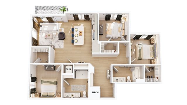 Elegant floor plan showcasing 3 bedrooms, a modern open living space, stylish kitchen, and inviting dining area with balcony access.