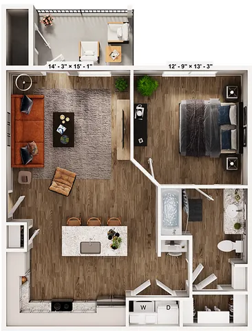 Modern floor plan featuring spacious open-concept living area, cozy bedroom, sleek kitchen with island bar, and stylish balcony overlooking scenery.