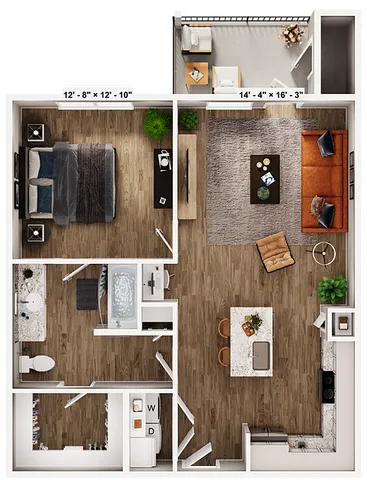 Modern apartment floor plan showcasing a spacious one-bedroom layout with open-concept living and dining area, stylish kitchen island, cozy living room, elegant bathroom, and private balcony space.