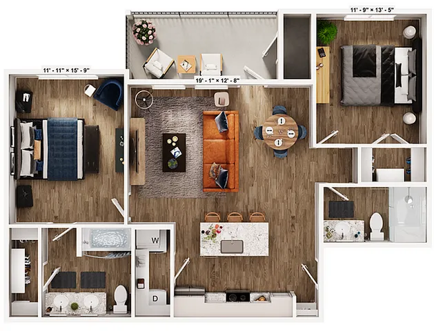 Chic floor plan showcasing a stylish open-concept living and dining area, two elegant bedrooms, two modern bathrooms, a sleek kitchen with an island, and a cozy balcony space.