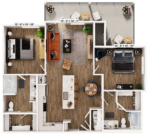 Modern apartment floor plan showcasing two spacious bedrooms, an open living area with elegant furnishings, a contemporary kitchen, and dual-access balcony perfect for relaxation.