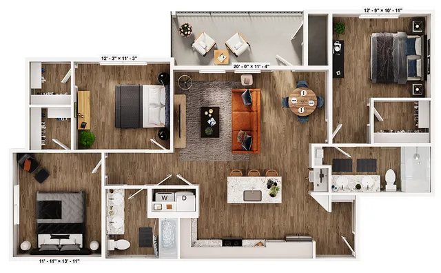 Modern 3D floor plan showcasing a spacious two-bedroom apartment with an open-concept living area, stylish kitchen with island, two bathrooms, and a cozy balcony seating area.