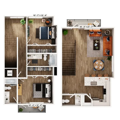 Modern split-level floor plan showcasing 2 bedrooms, a chic open-concept living room with dining area, and a contemporary kitchen. Cozy balcony, spacious closets, and two elegant bathrooms complete this stylish apartment.