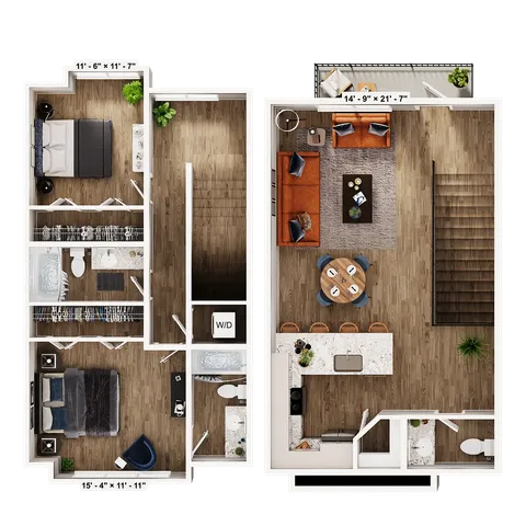 Modern duplex floor plan showcasing spacious open-concept living and dining area, stylish kitchen with island seating, two cozy bedrooms, and a private balcony.