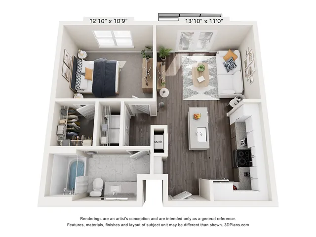 Sleek 3D floor plan showcasing a modern 1-bedroom apartment with an open-concept living room and kitchen, elegant bathroom, and cozy walk-in closet.
