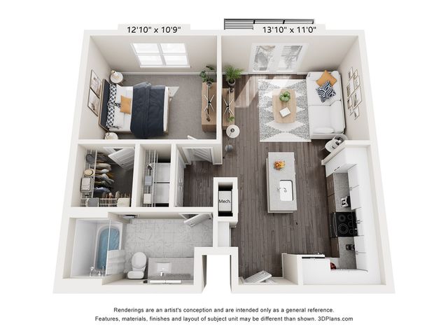 Contemporary floor plan featuring a chic 1-bedroom apartment with open-concept living area, modern kitchen, and elegant bathroom layout. Perfect for stylish urban living.