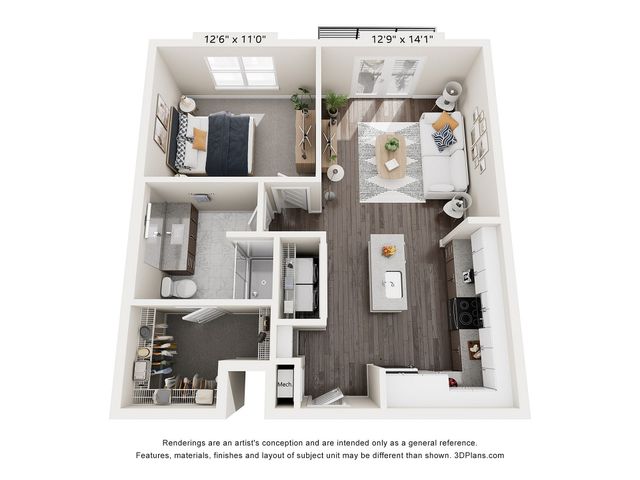 Chic 3D floor plan of a modern apartment featuring a cozy bedroom, spacious bathroom, open living area, and stylish kitchen with island.