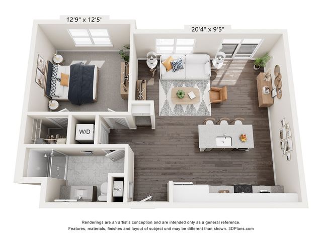 Modern 3D floor plan showcasing a cozy 1-bedroom apartment with an open-concept living room and kitchen, stylish bathroom, and in-unit washer/dryer.