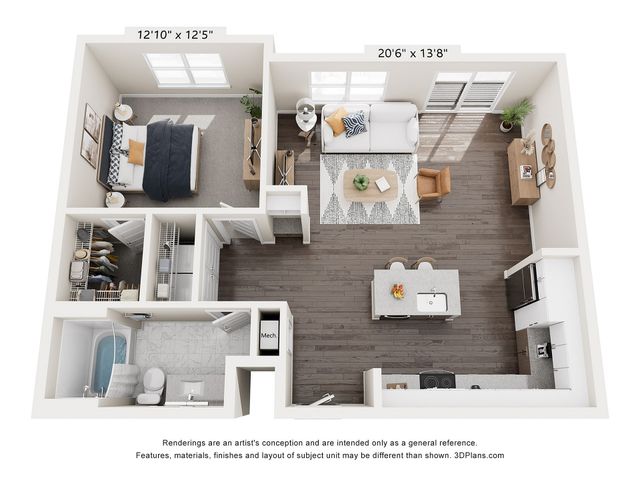 Modern 3D floor plan showcasing a spacious one-bedroom apartment with open-concept living area, stylish kitchen, and elegant bathroom.