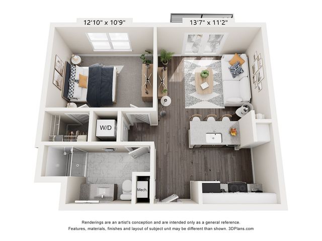 Modern 3D floor plan featuring a cozy bedroom, spacious open-concept living room, stylish kitchen with island, and bathroom. Ideal layout with natural light and functional design.