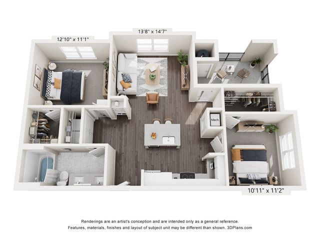 Modern 3D floor plan showcasing a spacious two-bedroom apartment with an open-concept living area, stylish kitchen island, and private balcony.