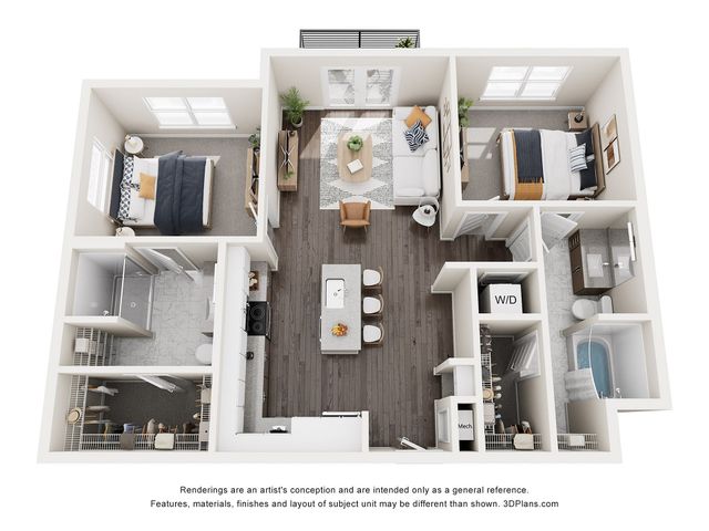 Modern 3D floor plan showcasing a chic apartment with 2 spacious bedrooms, an open-concept living and dining area, and a sleek kitchen. Includes 2 stylish bathrooms and a convenient washer/dryer space.