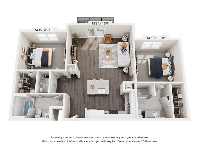 Modern 3D floor plan showcasing a stylish apartment with 2 bedrooms, open-concept living and dining area, sleek kitchen with island, and two bathrooms.