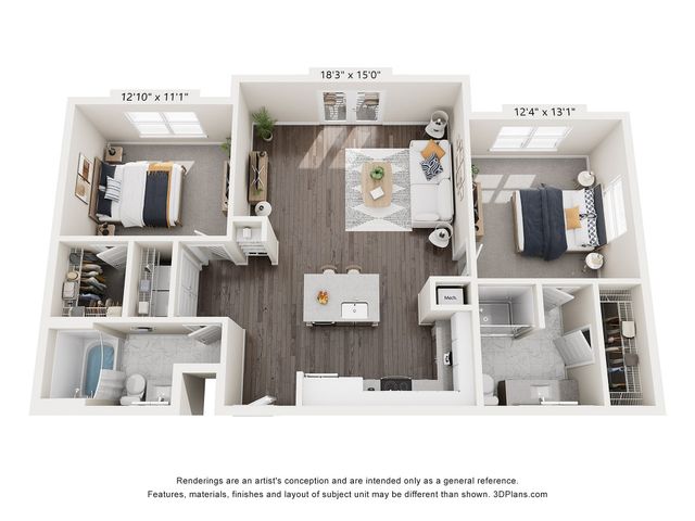 Chic 3D floor plan showcasing a modern 2-bedroom apartment with a spacious living area and kitchen, featuring elegant design and ample natural light.