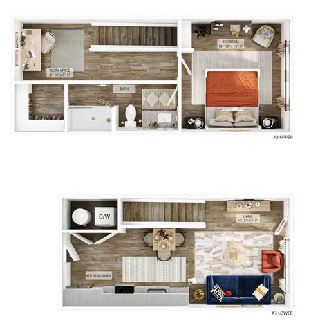 Modern two-level floor plan with a cozy bedroom, stylish living room, functional kitchen, and workspace, perfect for contemporary living.