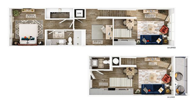 Chic 2D floor plan of a two-level apartment featuring a spacious bedroom, stylish living room, modern kitchen/diner, work space, and cozy balcony. Ideal for contemporary living.