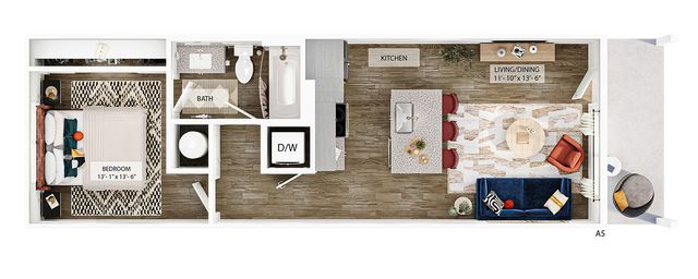 Modern floor plan featuring an elegant bedroom, spacious bath, gourmet kitchen with island, and a cozy living/dining area with chic decor.