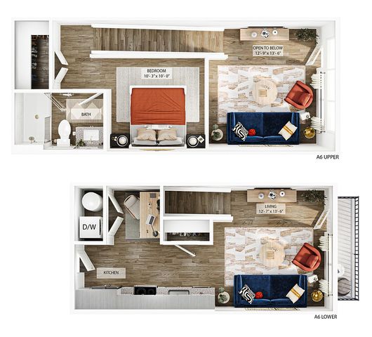 Modern A6 floor plan featuring an upper level with a cozy bedroom, stylish open living space, and chic bath. The lower level showcases a sleek kitchen, inviting living area, and convenient dining space, perfect for comfortable living.