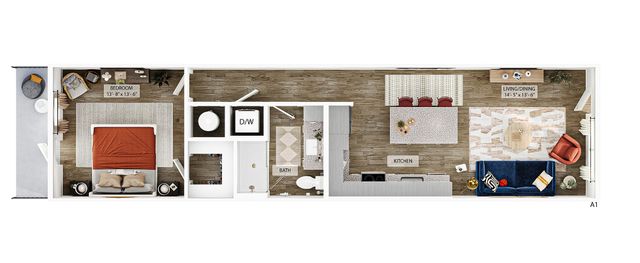 Contemporary 2D floor plan showcasing a spacious 1-bedroom apartment with an open-concept living and dining area, elegant kitchen, and modern bathroom.