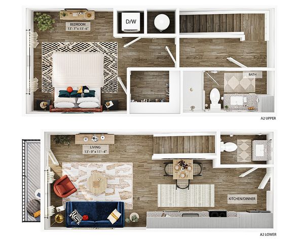 Chic 3D floor plan displaying a sophisticated duplex layout with one spacious bedroom, an elegant living room, modern kitchen/dining, and two well-appointed bathrooms.