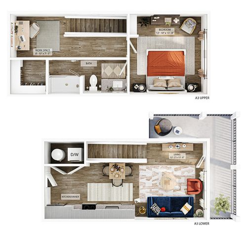 Modern duplex floor plan showcasing a cozy bedroom, chic living area, dining space, stylish kitchen, dedicated workspace, and elegant bathroom.