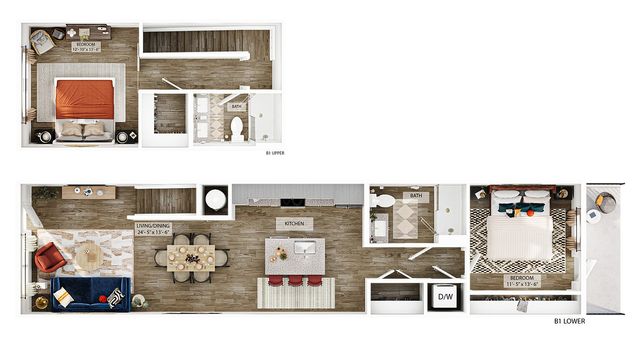 Chic two-story floor plan showcasing an inviting living and dining area, modern kitchen, and two spacious bedrooms with elegant decor.