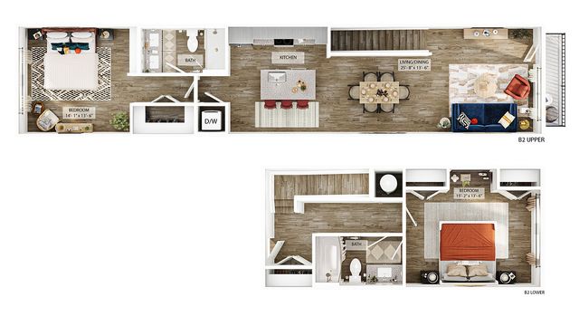 Modern two-level floor plan featuring 2 spacious bedrooms, an open kitchen, and a chic living/dining area, designed for style and comfort.