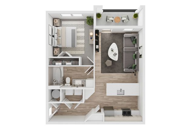 Contemporary 1-bedroom apartment floor plan featuring an open-concept living room, modern kitchen with island, stylish bathroom, and cozy balcony.