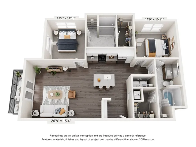 Contemporary 3D floor plan showcasing 2 bedrooms, elegant open-concept living area, modern kitchen with island, and two luxurious bathrooms. Ideal for stylish living.