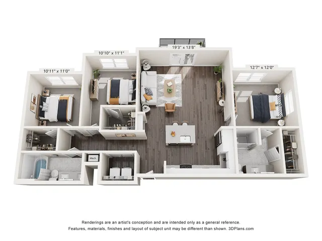 Modern 3-bedroom apartment floor plan with open living area, stylish kitchen, and contemporary design.