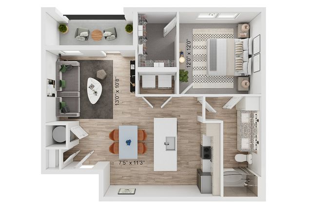 Modern 1-bedroom apartment floor plan featuring an open-concept living and dining area, spacious kitchen, and private balcony.