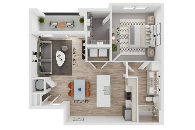 Contemporary 2D floor plan with spacious bedroom, modern kitchen, open-concept living and dining area, and cozy balcony for relaxation.