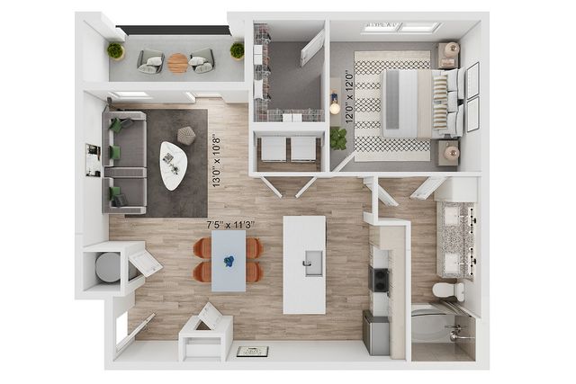 Modern apartment floor plan featuring a cozy bedroom, elegant bathroom, an open-concept living room, and a sleek kitchen with island seating. Includes a private balcony and spacious walk-in closet.