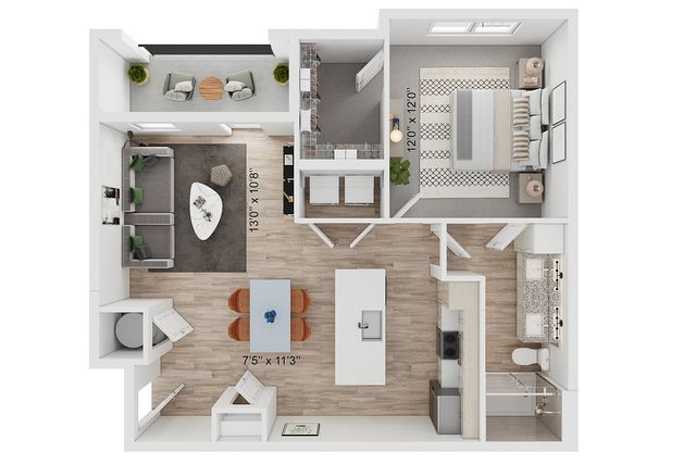 Contemporary 1-bedroom apartment floor plan featuring an open-concept living and dining area, a spacious walk-in closet, and a cozy balcony.