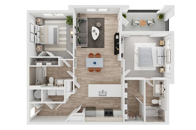 Modern 2-bedroom apartment floor plan featuring sleek kitchen, spacious living area, contemporary bathrooms, and cozy balcony.