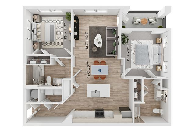 Modern 2D apartment floor plan showcasing two spacious bedrooms, an open living and dining area, sleek kitchen, and cozy balcony.