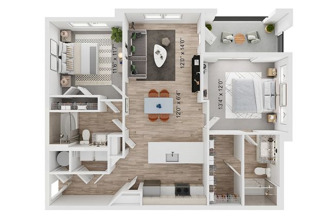 Modern floor plan showcasing 2 spacious bedrooms, open-concept living and dining area, sleek kitchen, and private balcony.