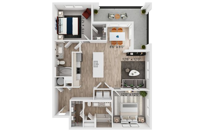 Modern 2D floor plan showcasing 2 spacious bedrooms, open-concept living room with kitchen island, and a cozy dining area leading to a private balcony.