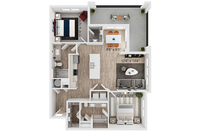 Elegant 2D floor plan showcasing 2 bedrooms, an open-concept kitchen and living area, and a private balcony. Functional design with modern interiors.