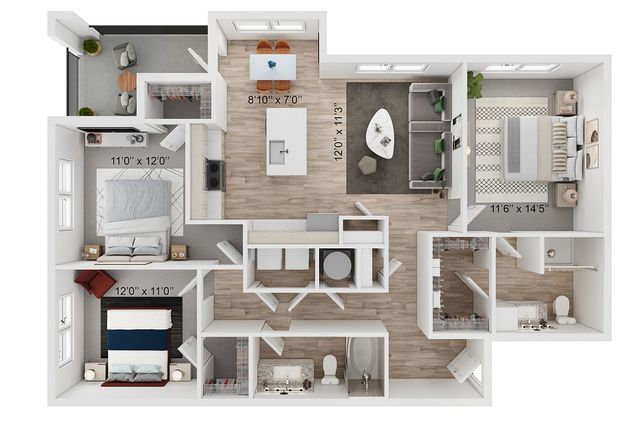 Modern 3D floor plan featuring 2 spacious bedrooms, a sleek open-concept living and dining area, elegant kitchen, and a cozy balcony.