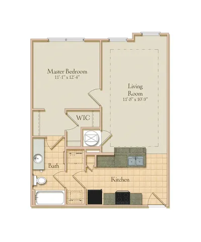 Charming floor plan highlighting a master bedroom with a walk-in closet, a cozy living room, and a well-organized kitchen layout.