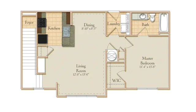 Elegant 1-bedroom floor plan featuring a spacious living room, modern kitchen, dining area, and convenient laundry space.