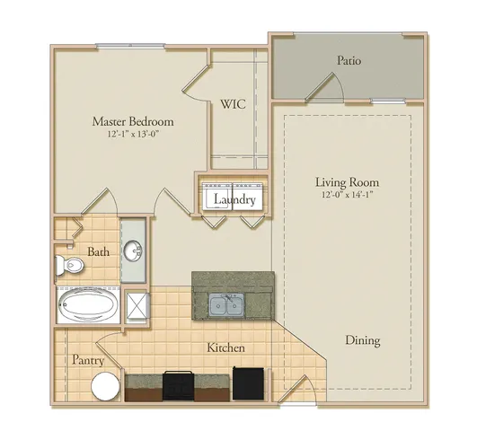Elegant 1-bedroom floor plan featuring a spacious living room, modern kitchen, and a cozy patio. Includes a master bedroom with walk-in closet and convenient laundry space.