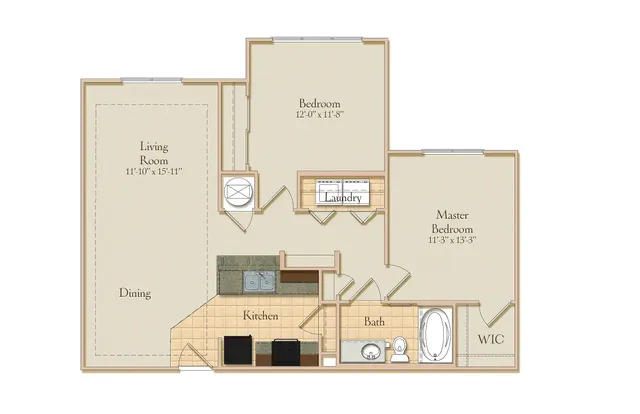 Modern 3D floor plan showcasing two cozy bedrooms, a stylish open kitchen, and a spacious living dining area with hardwood floors.
